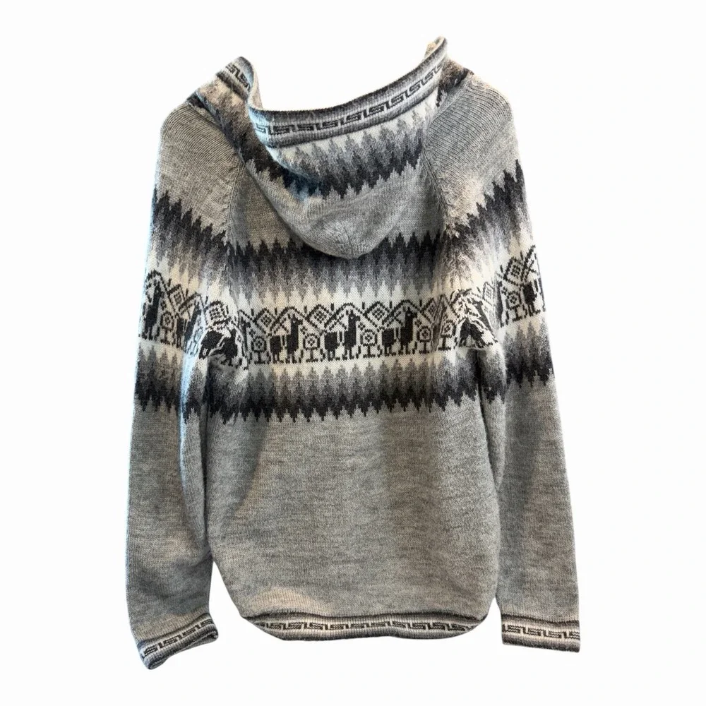 Arte Inka Berfas Alpaca Hooded Fair Isle Lace Up Sweater Peru Women's Gray Med
